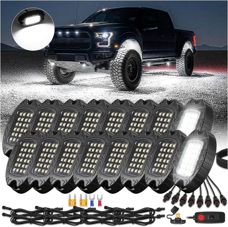 ZONECONA 16Pods Aluminum Housing Plug and Play All Pure White LED Rock Lights Kit with Switch Harness Wiring Extension, Quick Connect 6500K Metal Underglow 12V Waterproof for Semi Trucks Pickup Jeep Offroad RV - Image 1